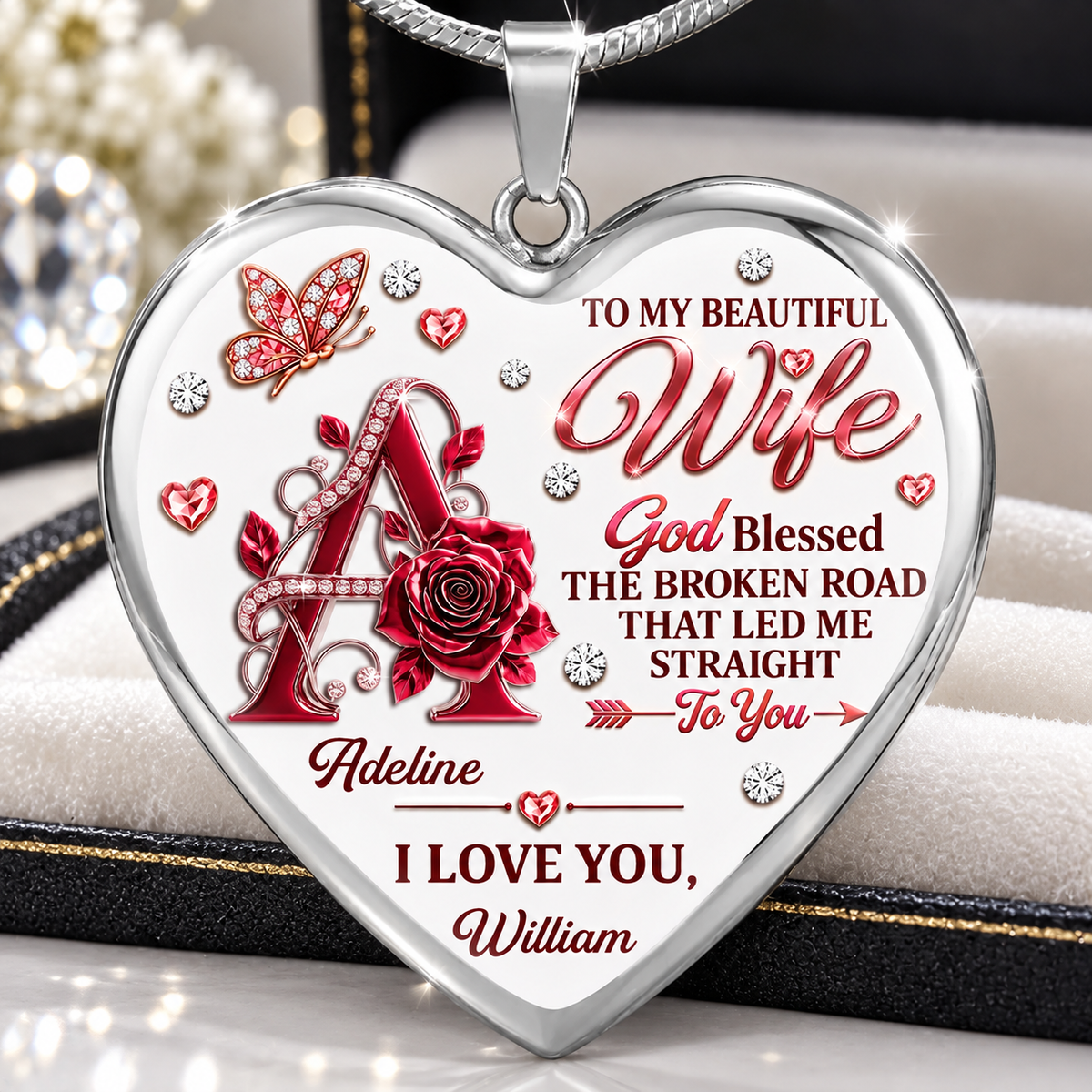 To My Wife God Blessed The Broken Road I Love You, Gift For Wife From Husband - Personalized Heart Necklace