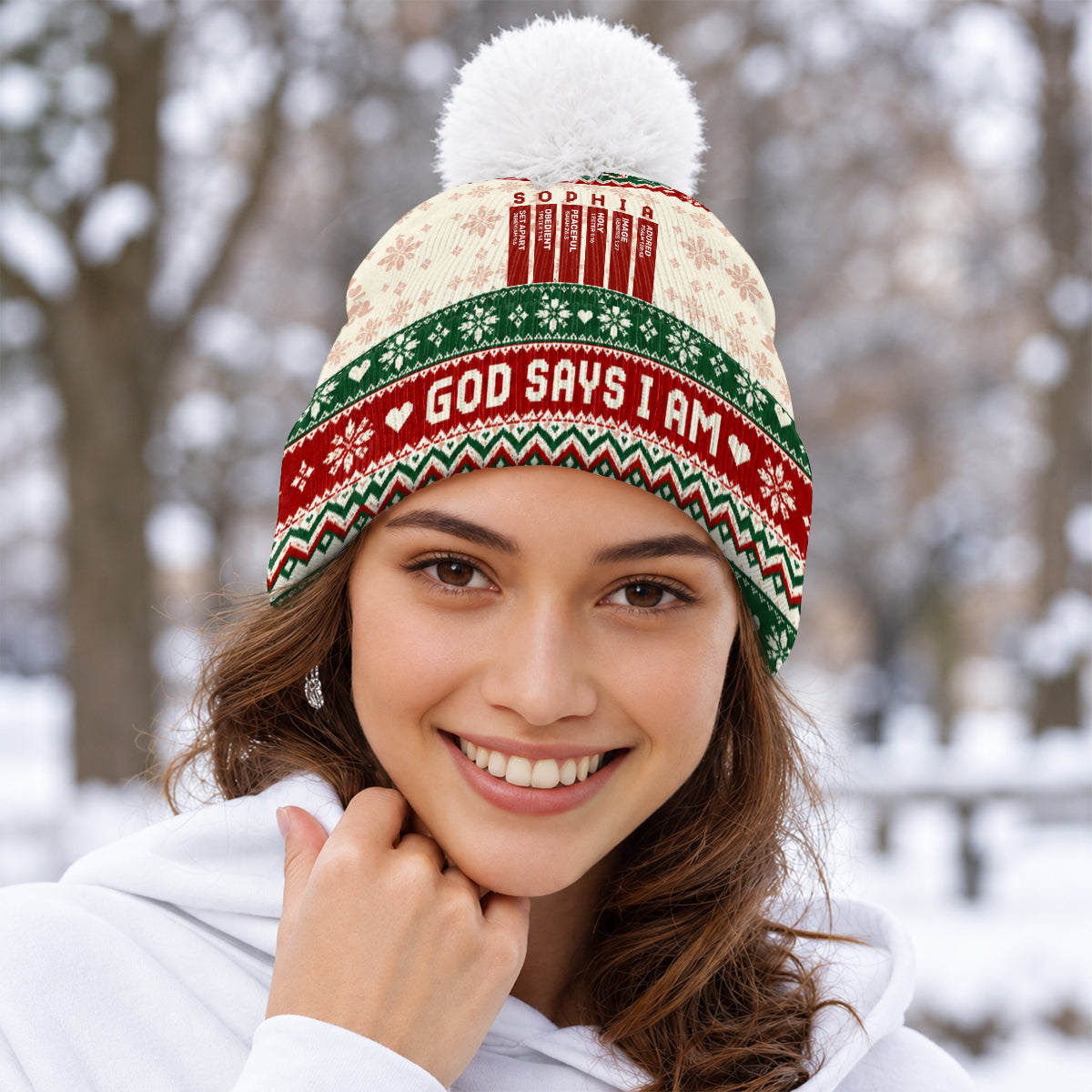 God Says I Am Christmas, Christian Christmas For Mom, Daughter, Wife, Sister | Personalized Bobble Beanie Hat