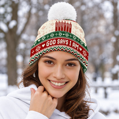 God Says I Am Christmas, Christian Christmas For Mom, Daughter, Wife, Sister | Personalized Bobble Beanie Hat