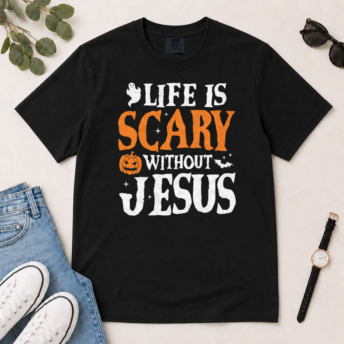 Life Is Scary Without Jesus, Gift For Christian Halloween Lovers - 2D Unisex Garment-dyed T-shirt