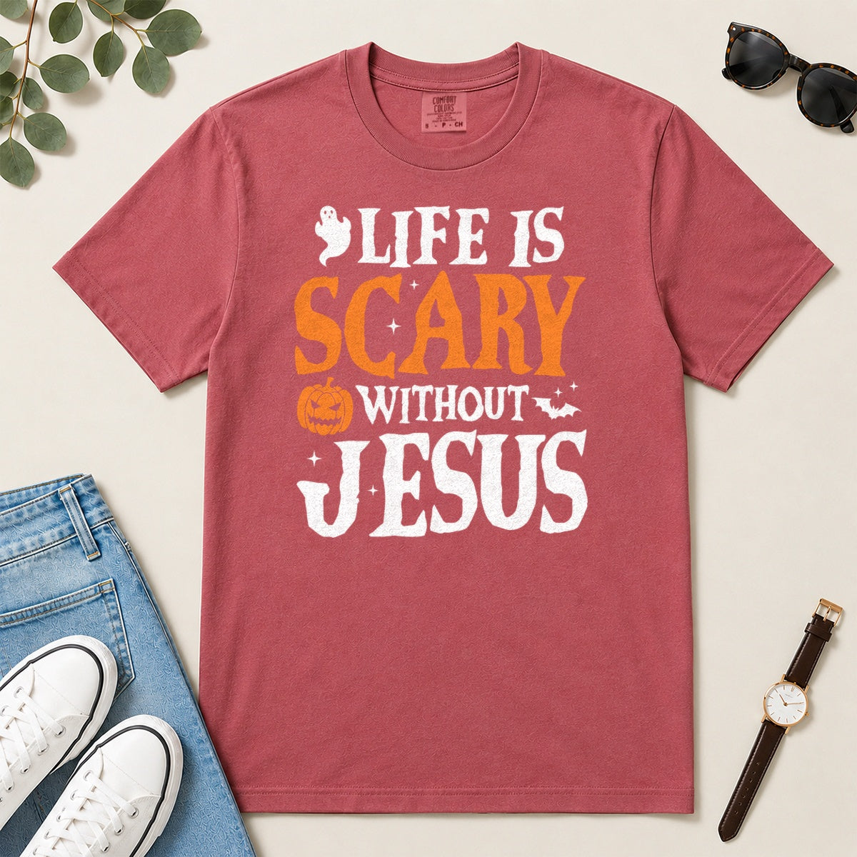 Life Is Scary Without Jesus, Gift For Christian Halloween Lovers - 2D Unisex Garment-dyed T-shirt