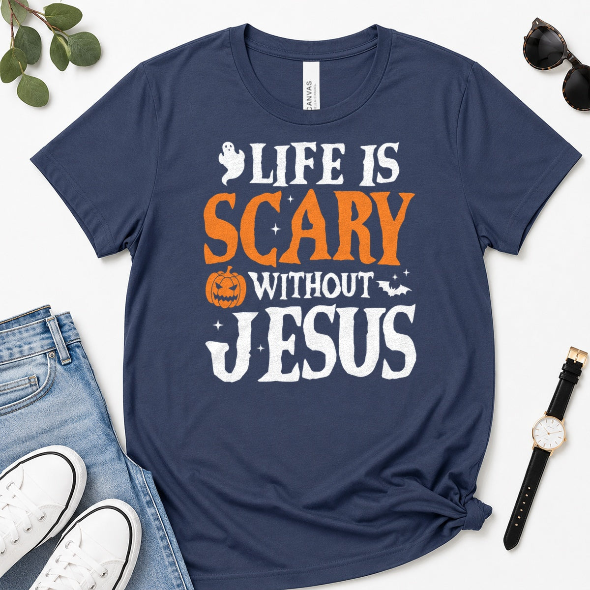 Life Is Scary Without Jesus, Gift For Christian Halloween Lovers - 2D Unisex Premium T-shirt