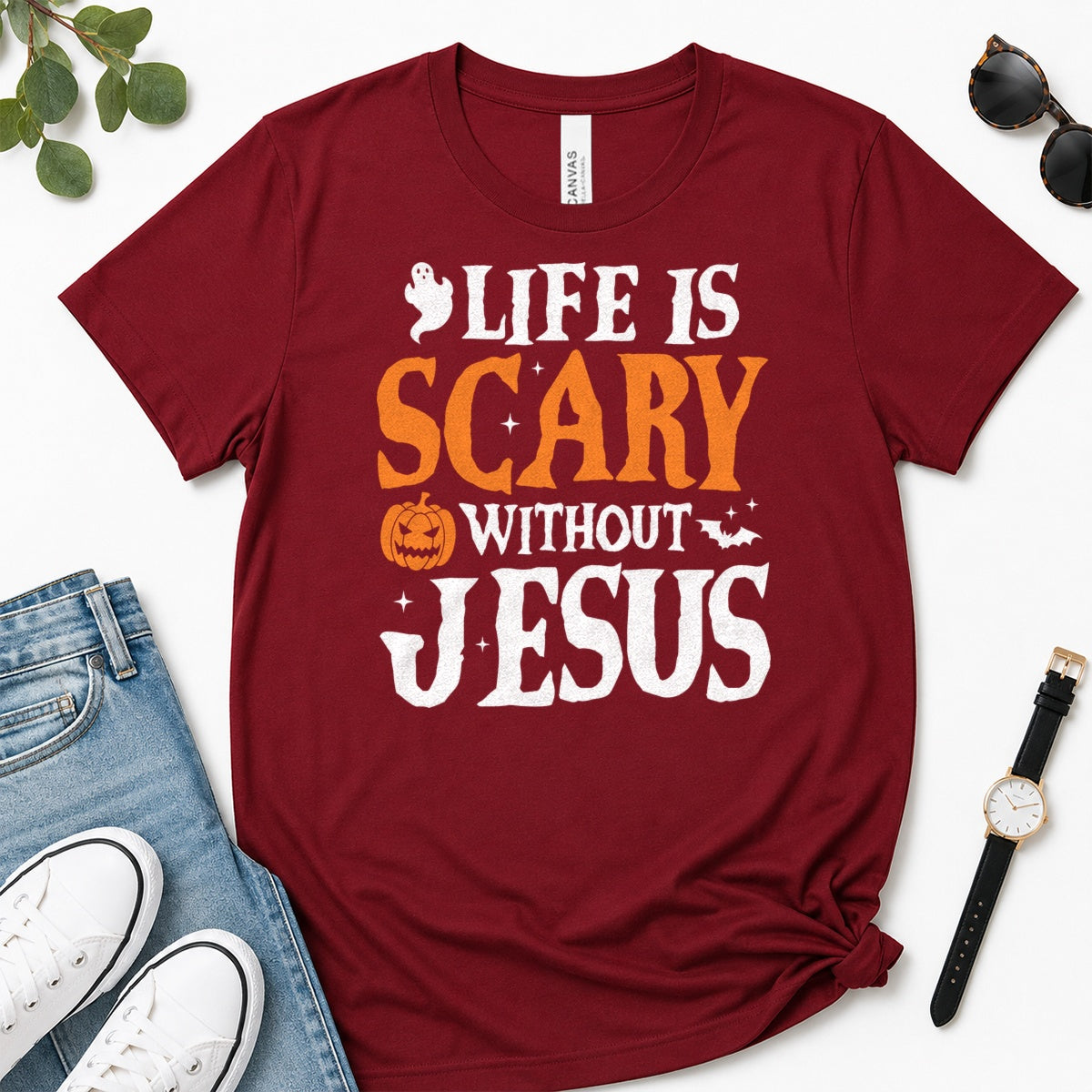 Life Is Scary Without Jesus, Gift For Christian Halloween Lovers - 2D Unisex Premium T-shirt