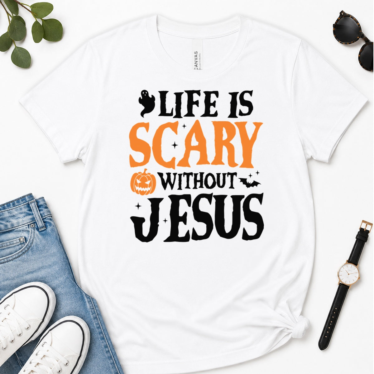 Life Is Scary Without Jesus, Gift For Christian Halloween Lovers - 2D Unisex Premium T-shirt
