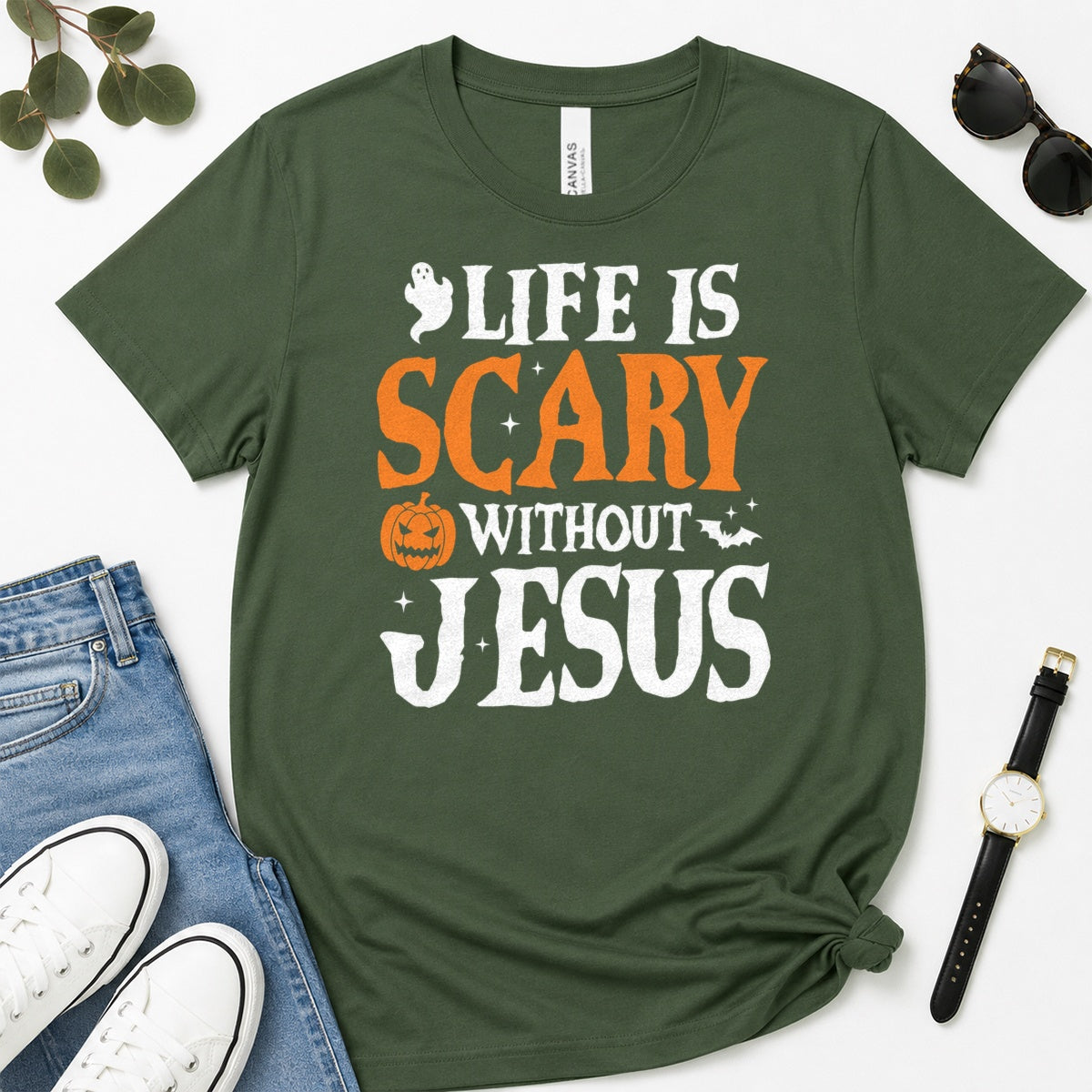Life Is Scary Without Jesus, Gift For Christian Halloween Lovers - 2D Unisex Premium T-shirt
