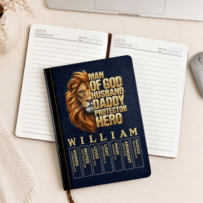 Man Of God Husband Dad Protector Hero, Gift For Dad | Personalized Leather Cover Notebook