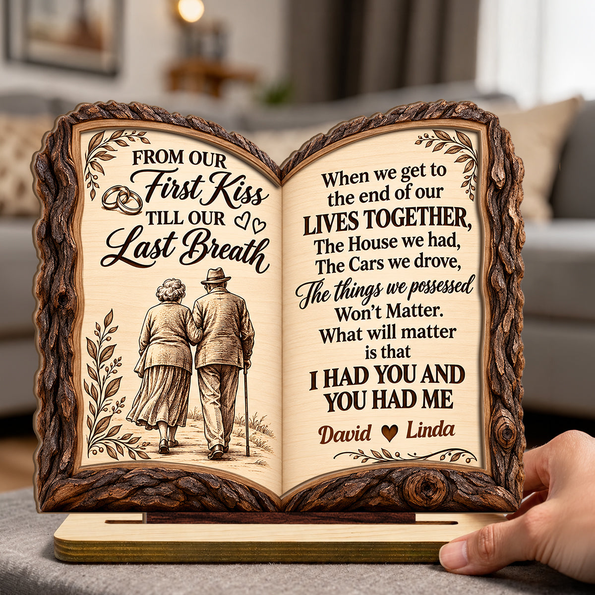 From Our First Kiss To Our Last Breath Love Journey Book, Anniversary Gifts For Couples | Personalized 2-Layer Wood Plaque With Flat Base