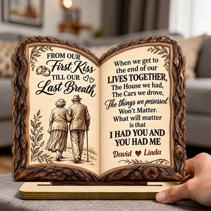 From Our First Kiss To Our Last Breath Love Journey Book, Anniversary Gifts For Couples | Personalized 2-Layer Wood Plaque With Flat Base