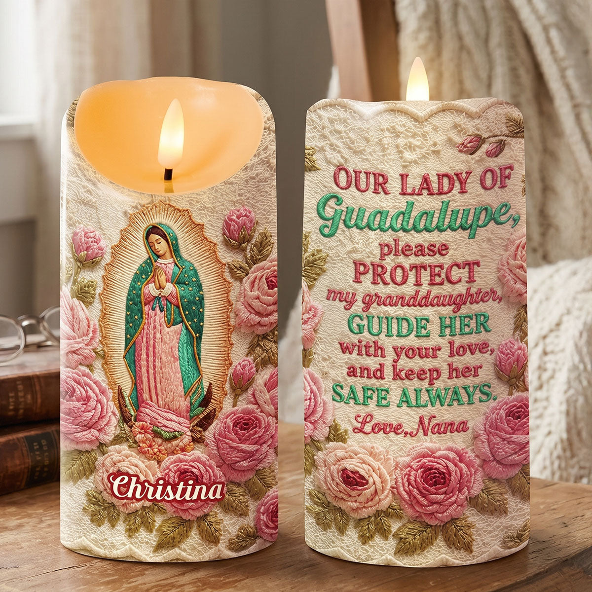 Our Lady Of Guadalupe Floral - Personalized Flameless LED Candle