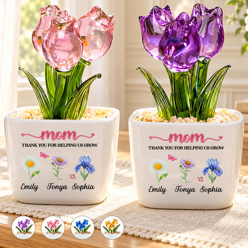 Thank You For Helping Me Grow, Gift For Mom, Grandma | Personalized Glass Everlasting Tulips