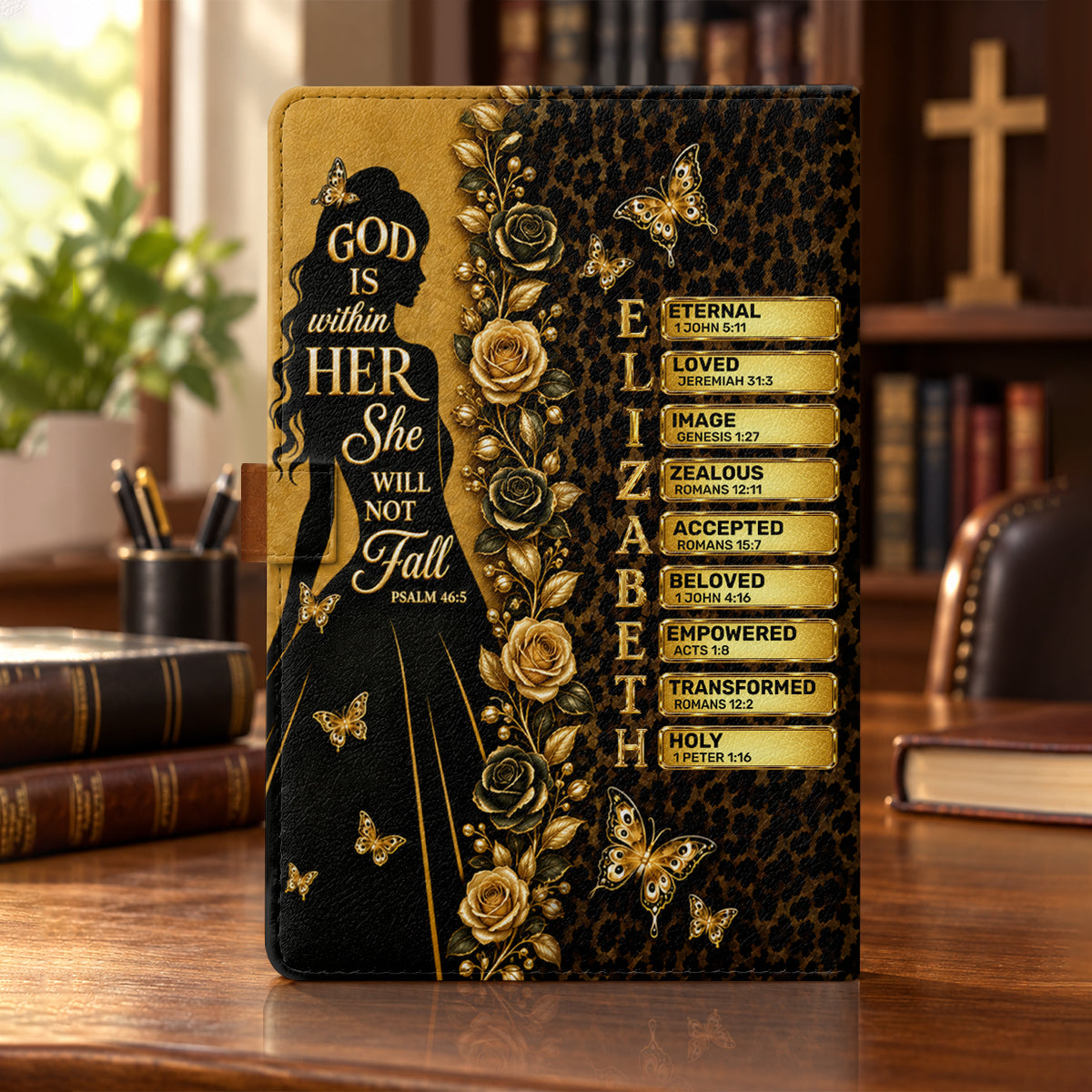 God Is Within Her She Will Not Fall, Gift For Women | Personalized Leather Notebook & Pen Set