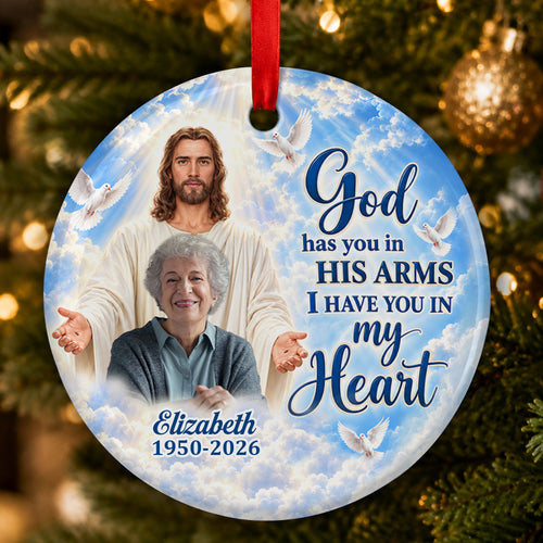 God Has You In His Arms, Gift For Mom | Personalized Heart Shaped Ceramic Ornament