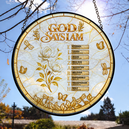 God Says I Am, Christian Gifts For Her | Personalized Stained Glass Window Hanging Suncatcher