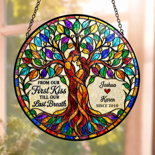From Our First Kiss Tree Of Love, Gift For Loved One | Personalized Stained Glass Window Hanging Suncatcher