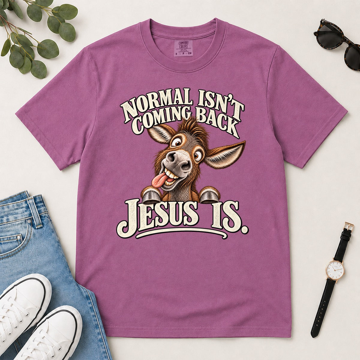 Normal Isn't Coming Back Jesus Is, Revelation 22:12, Funny Christian Gift For Donkey Lovers | 2D Unisex Garment-dyed T-shirt