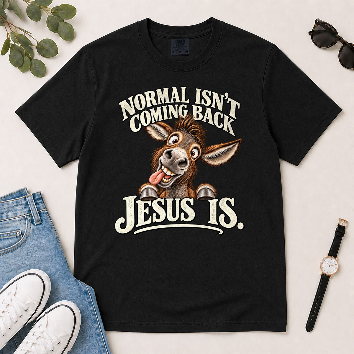 Normal Isn't Coming Back Jesus Is, Revelation 22:12, Funny Christian Gift For Donkey Lovers | 2D Unisex Garment-dyed T-shirt