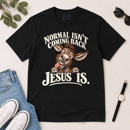 Normal Isn't Coming Back Jesus Is, Revelation 22:12, Funny Christian Gift For Donkey Lovers | 2D Unisex Garment-dyed T-shirt
