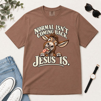 Normal Isn't Coming Back Jesus Is, Revelation 22:12, Funny Christian Gift For Donkey Lovers | 2D Unisex Garment-dyed T-shirt
