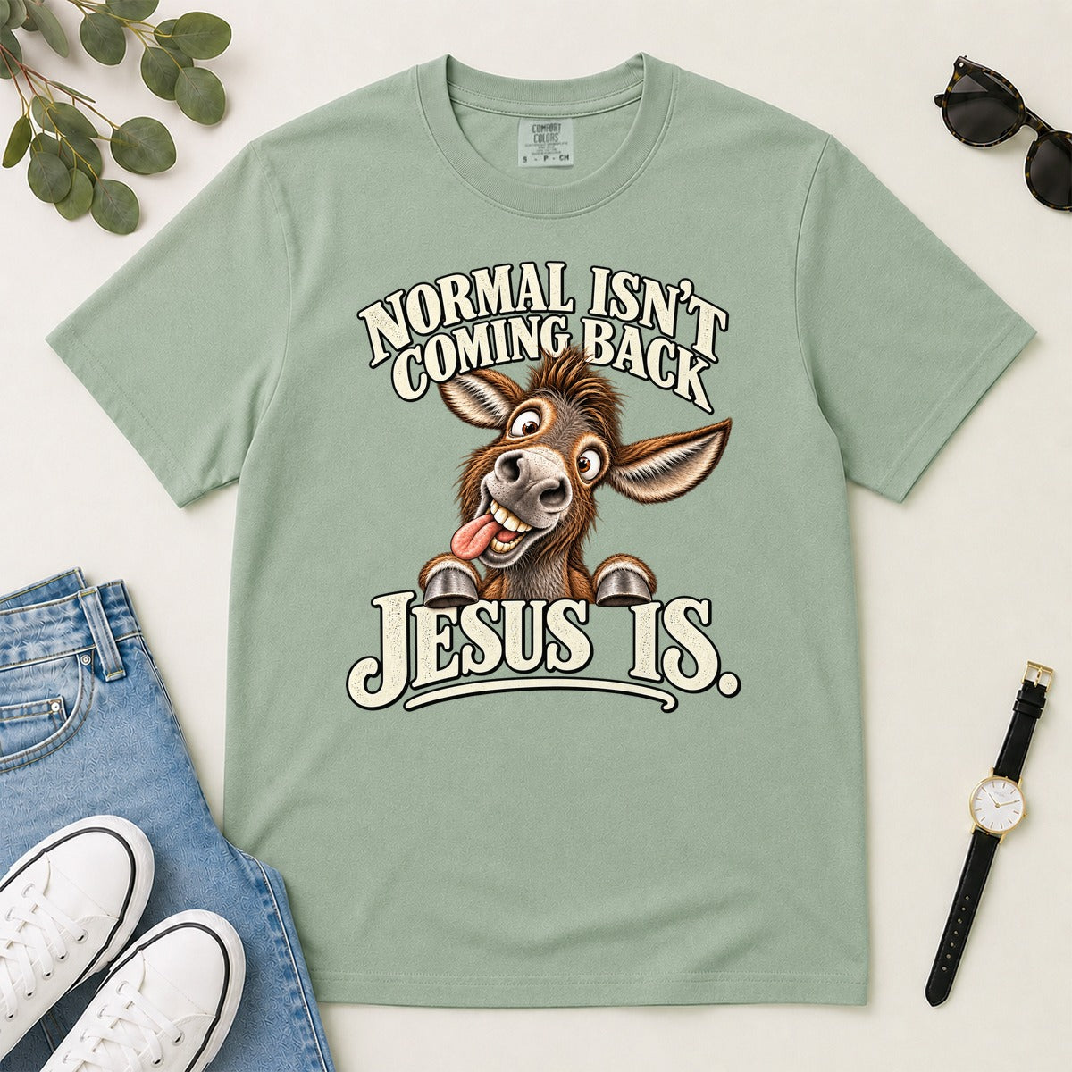 Normal Isn't Coming Back Jesus Is, Revelation 22:12, Funny Christian Gift For Donkey Lovers | 2D Unisex Garment-dyed T-shirt