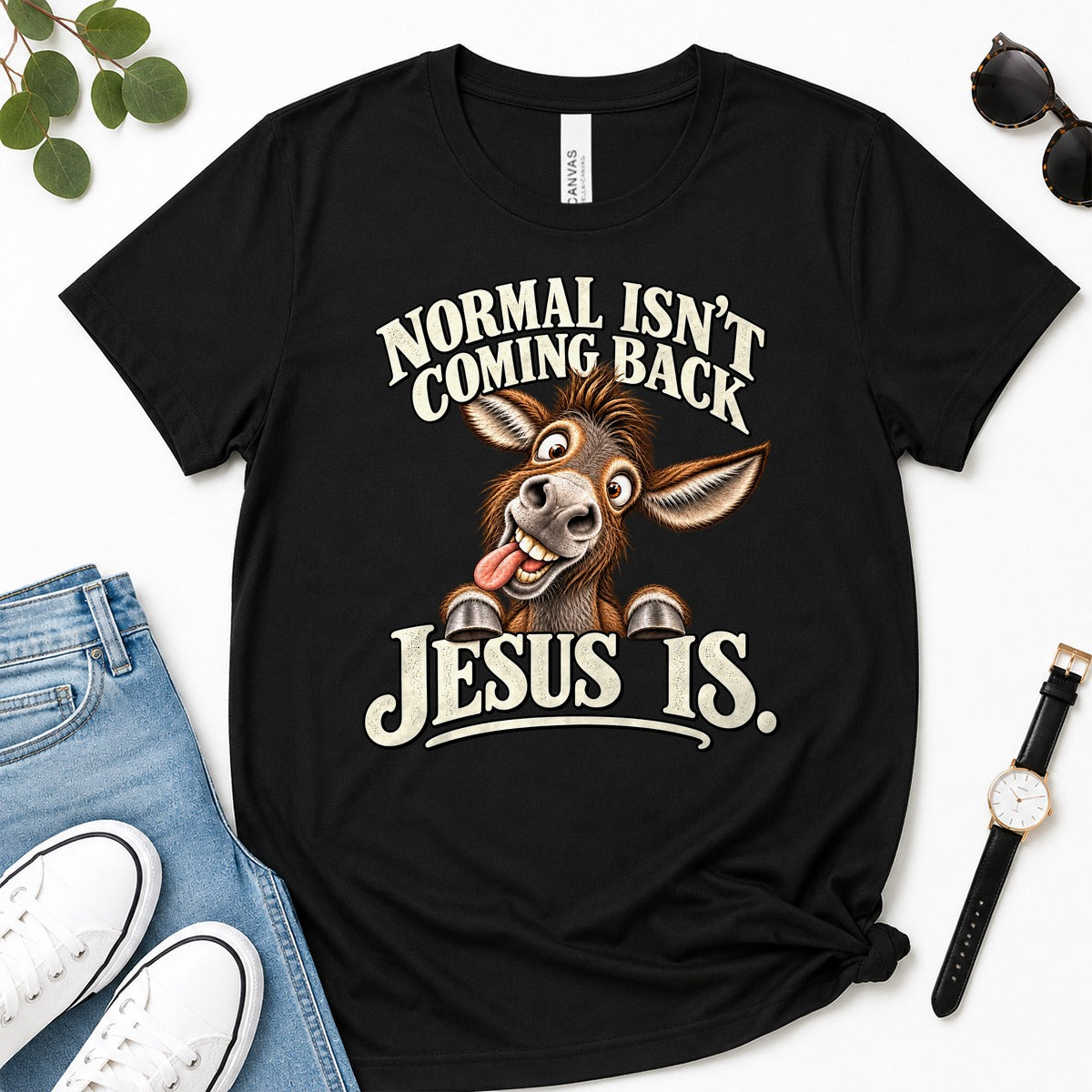 Normal Isn't Coming Back Jesus Is, Revelation 22:12, Funny Christian Gift For Donkey Lovers | 2D Unisex Premium T-shirt