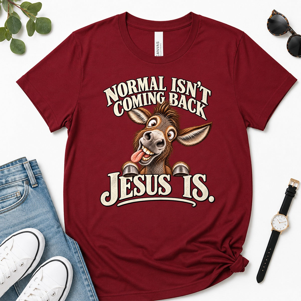 Normal Isn't Coming Back Jesus Is, Revelation 22:12, Funny Christian Gift For Donkey Lovers | 2D Unisex Premium T-shirt