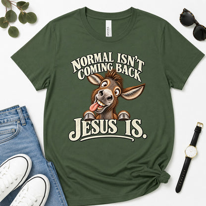Normal Isn't Coming Back Jesus Is, Revelation 22:12, Funny Christian Gift For Donkey Lovers | 2D Unisex Premium T-shirt