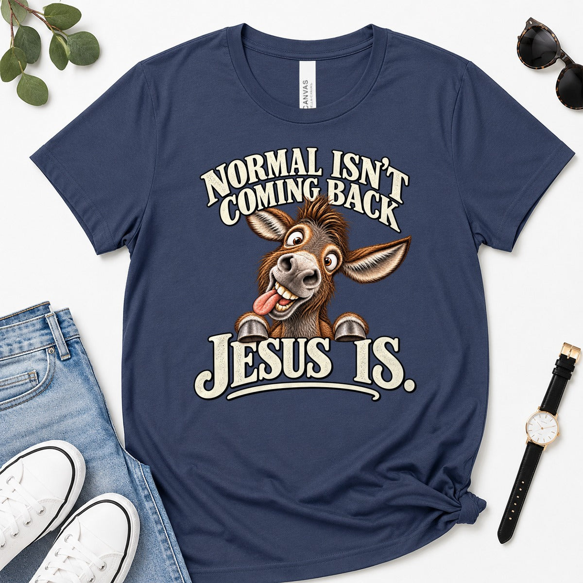 Normal Isn't Coming Back Jesus Is, Revelation 22:12, Funny Christian Gift For Donkey Lovers | 2D Unisex Premium T-shirt