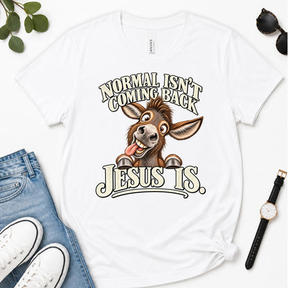 Normal Isn't Coming Back Jesus Is, Revelation 22:12, Funny Christian Gift For Donkey Lovers | 2D Unisex Premium T-shirt