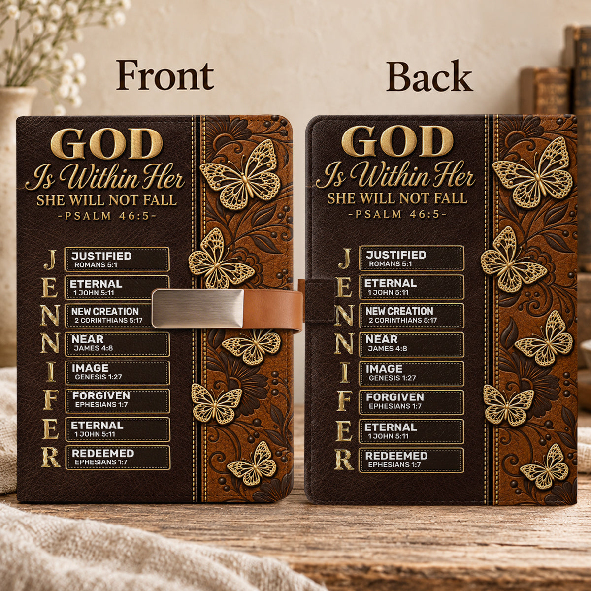 God Is Within Her She Will Not Fall Butterfly, Gift For Women | Personalized Leather Notebook & Pen Set