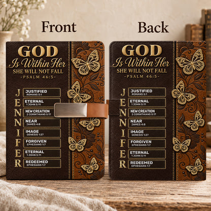 God Is Within Her She Will Not Fall Butterfly, Gift For Women | Personalized Leather Notebook & Pen Set