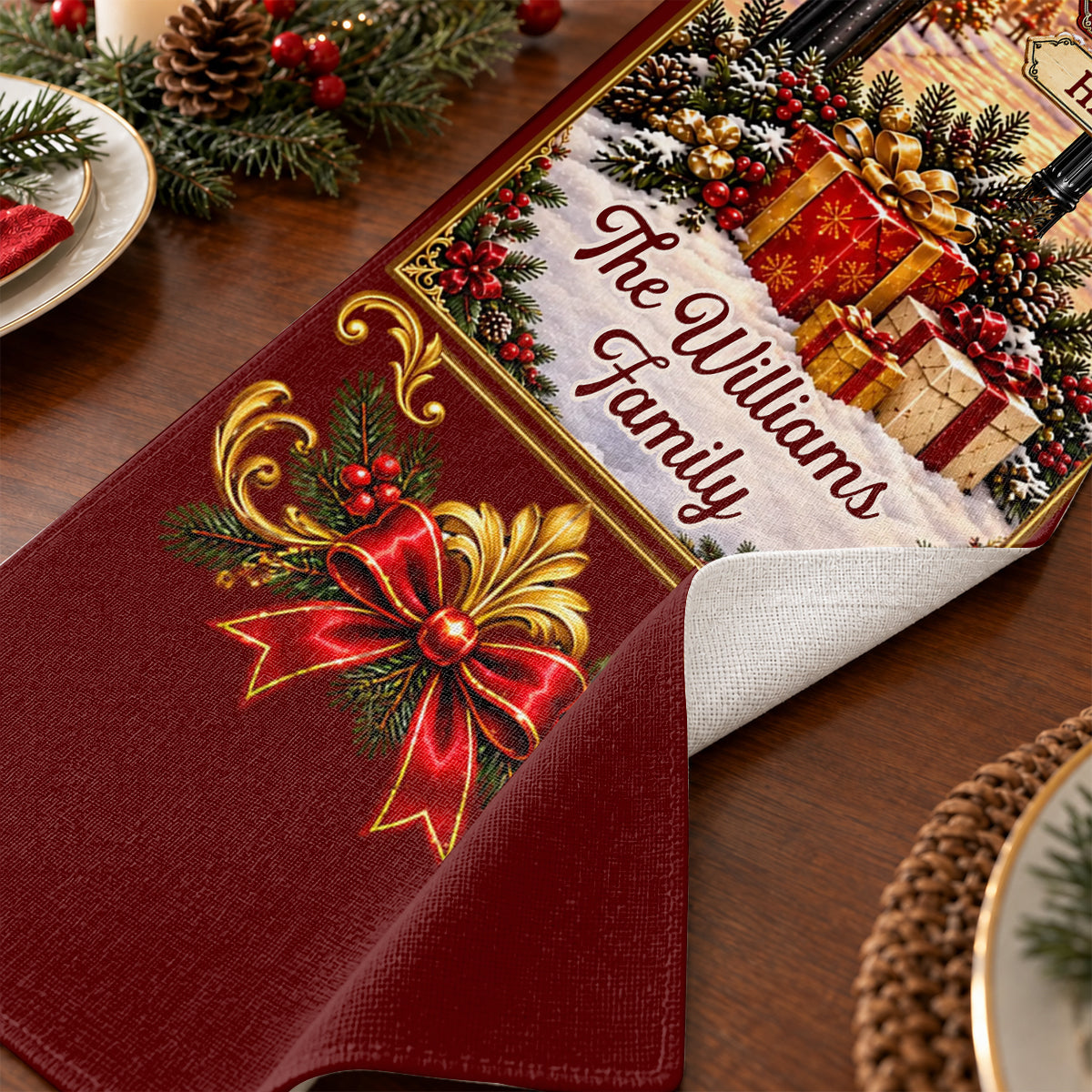 Custom Name Christmas Village Family Decor, Gift For Family | Personalized Table Runner