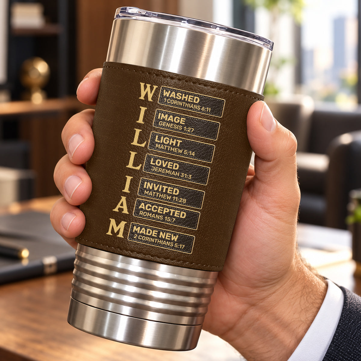 Man Of God Husband Dad Protector Hero, Gift For Husband Dad | Personalized 20oz Leather Wrapped Tumbler