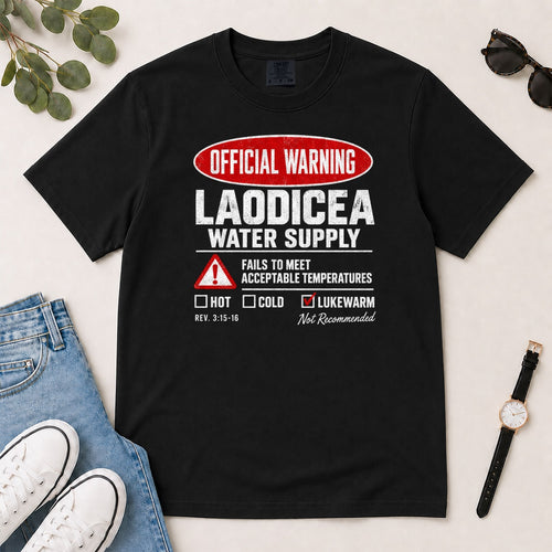 Official Warning Laodicea Water Supply, Gift For Bible Study Lovers - 2D Unisex Garment-dyed T-shirt