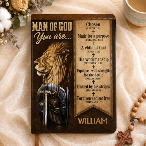 Man Of God Lion of Judah Warrior, Gift For Husband | Personalized Leather Cover Notebook