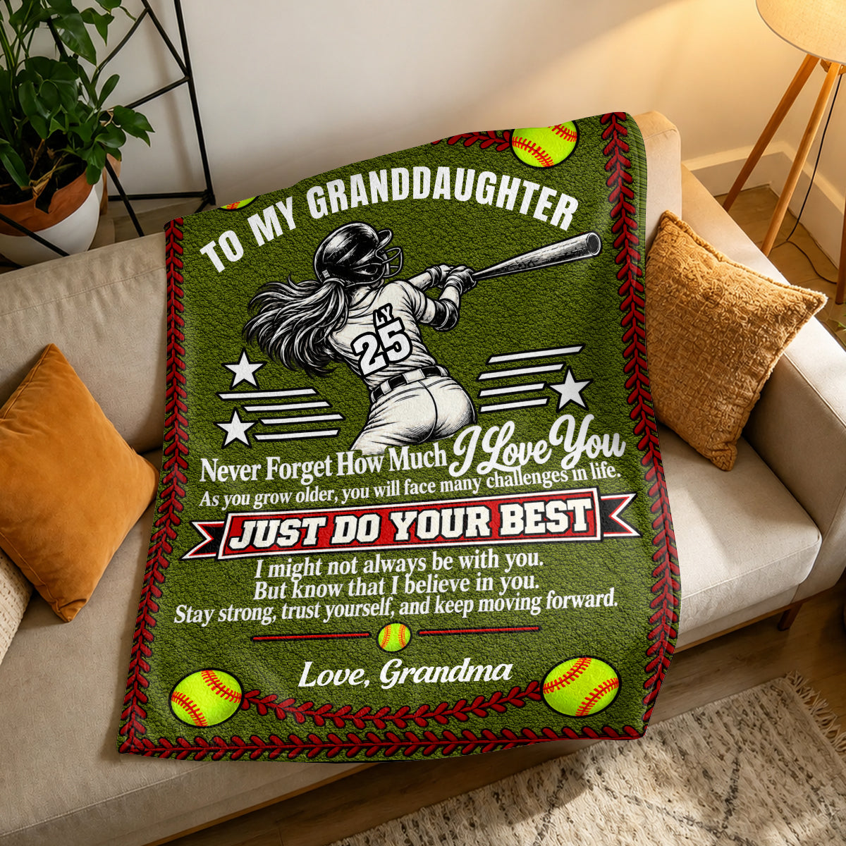 To My Granddaughter Softball Version, Gift For Granddaughter From Grandma | Personalized Fleece Blanket
