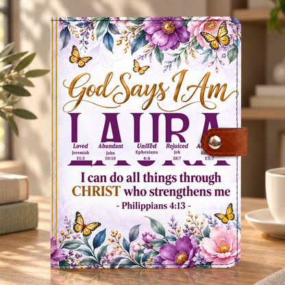 God Says I Am, Personalized Gift For Daughter | Personalized Leather Notebook Cover With Pocket