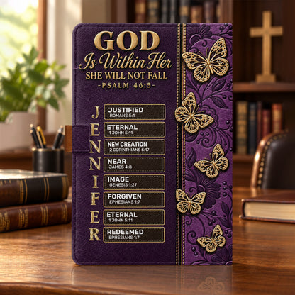 God Is Within Her She Will Not Fall Butterfly, Gift For Women | Personalized Leather Notebook & Pen Set