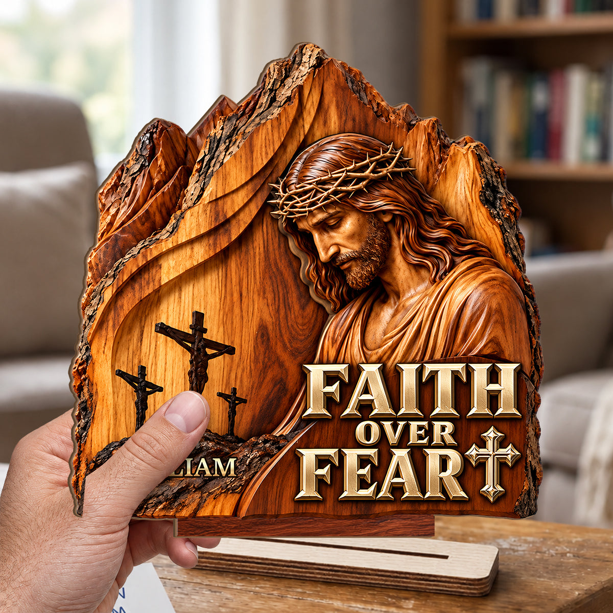 Faith Over Fear, Gift For Men | Personalized 2-Layer Wood Plaque With Flat Base