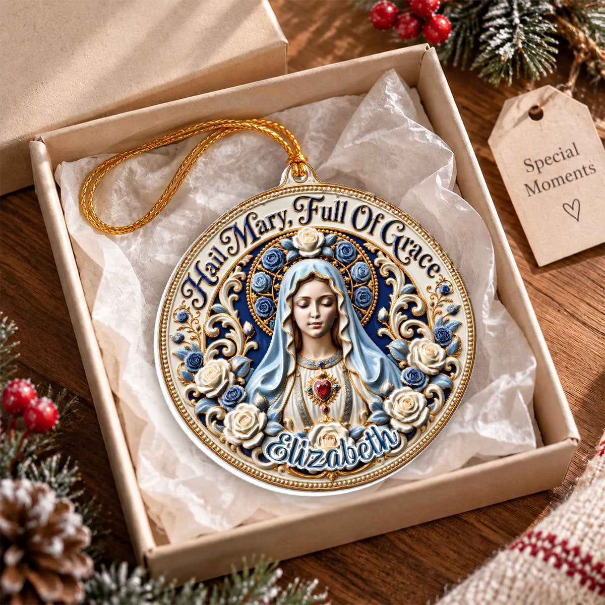 Hail Mary Full Of Grace, Gift For Her | Personalized 3D Relief White Acrylic Ornament