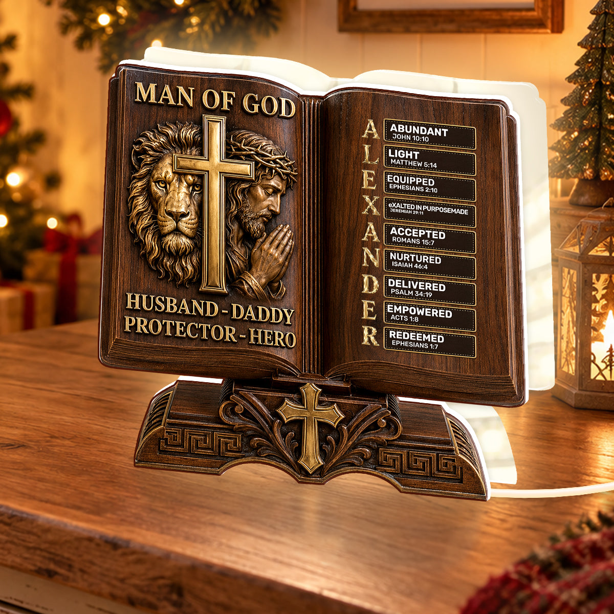 Man Of God Husband Daddy Protector Hero Wooden Edition, Gift For Husband And Dad | Personalized Light Box