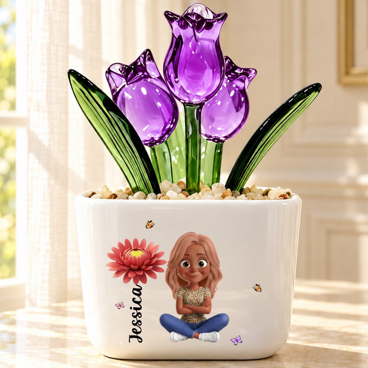 We Grow Beautifully, Birthday Gift For Women, Sister, Bestie | Personalized Glass Everlasting Tulips