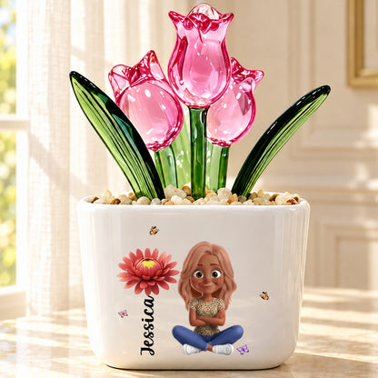 We Grow Beautifully, Birthday Gift For Women, Sister, Bestie | Personalized Glass Everlasting Tulips