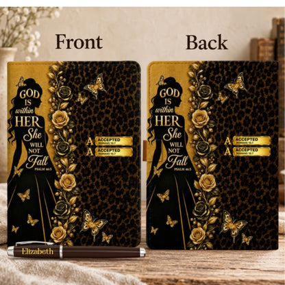 God Is Within Her She Will Not Fall, Gift For Women | Personalized Leather Notebook & Pen Set