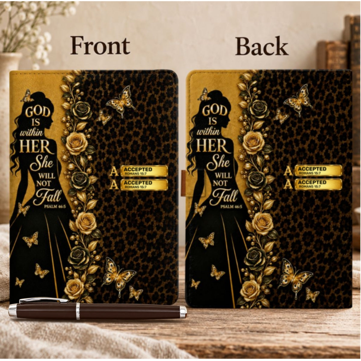 God Is Within Her She Will Not Fall, Gift For Women | Personalized Leather Notebook & Pen Set