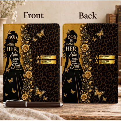 God Is Within Her She Will Not Fall, Gift For Women | Personalized Leather Notebook & Pen Set