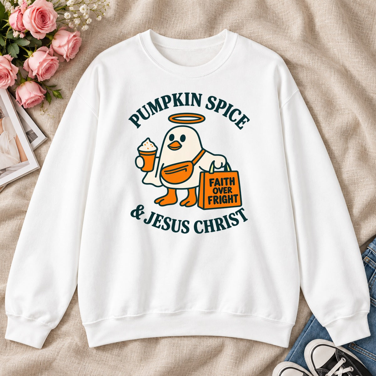 Pumpkin Spice And Jesus Christ Faith Over Fright, Gift For Christian Fall Lovers - 2D Unisex Sweatshirt