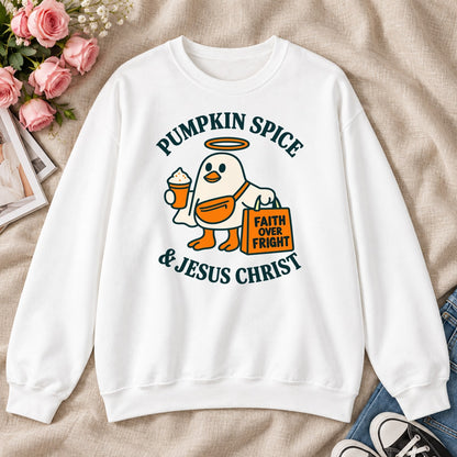 Pumpkin Spice And Jesus Christ Faith Over Fright, Gift For Christian Fall Lovers - 2D Unisex Sweatshirt