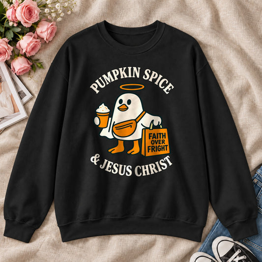 Pumpkin Spice And Jesus Christ Faith Over Fright, Gift For Christian Fall Lovers - 2D Unisex Sweatshirt