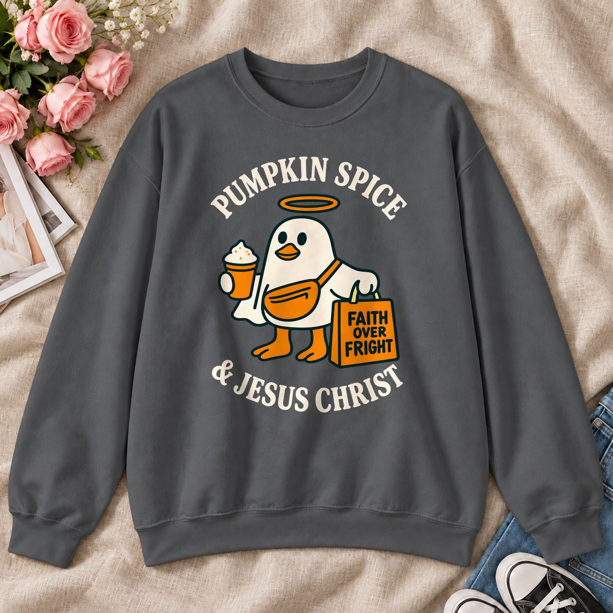 Pumpkin Spice And Jesus Christ Faith Over Fright, Gift For Christian Fall Lovers - 2D Unisex Sweatshirt