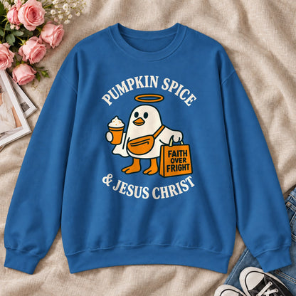 Pumpkin Spice And Jesus Christ Faith Over Fright, Gift For Christian Fall Lovers - 2D Unisex Sweatshirt
